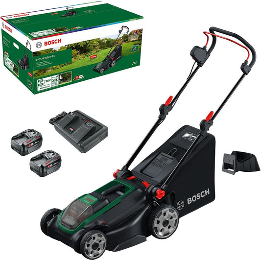 Bosch ROTAK 18V-2-43 Cordless Lawn Mower — 43 cm, 2× 18V Batteries & Charger