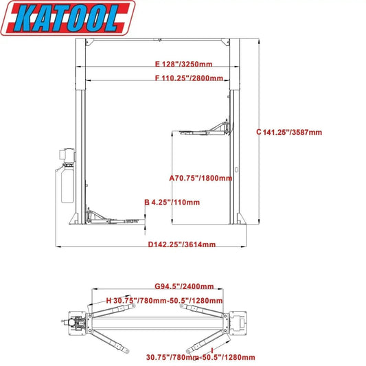 ME-LM110S two-post car lift front view by Katool, 11,000 lb capacity, 220V