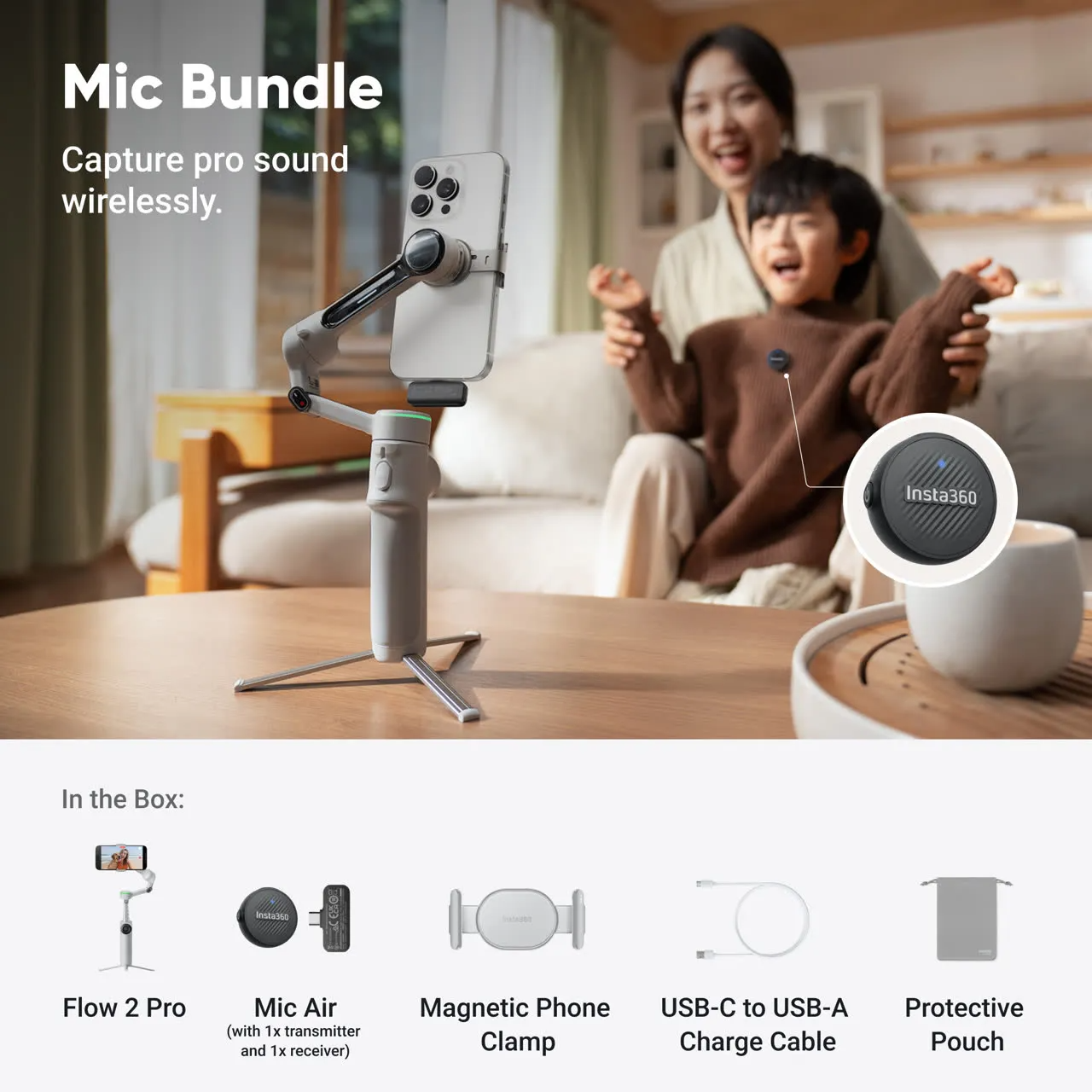 Insta360 Flow 2 Pro Mic Bundle – Foldable AI Smartphone Gimbal Stabilizer with Wireless Mic